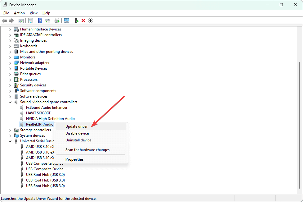 Иллюстрация: обновление аудиодрайвера в Диспетчере устройств
