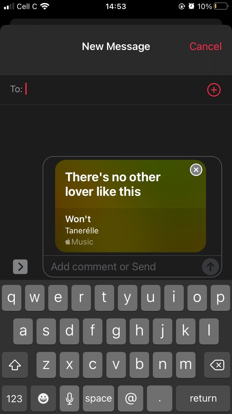 Отправка текста песни Apple Music в iMessage: предпросмотр