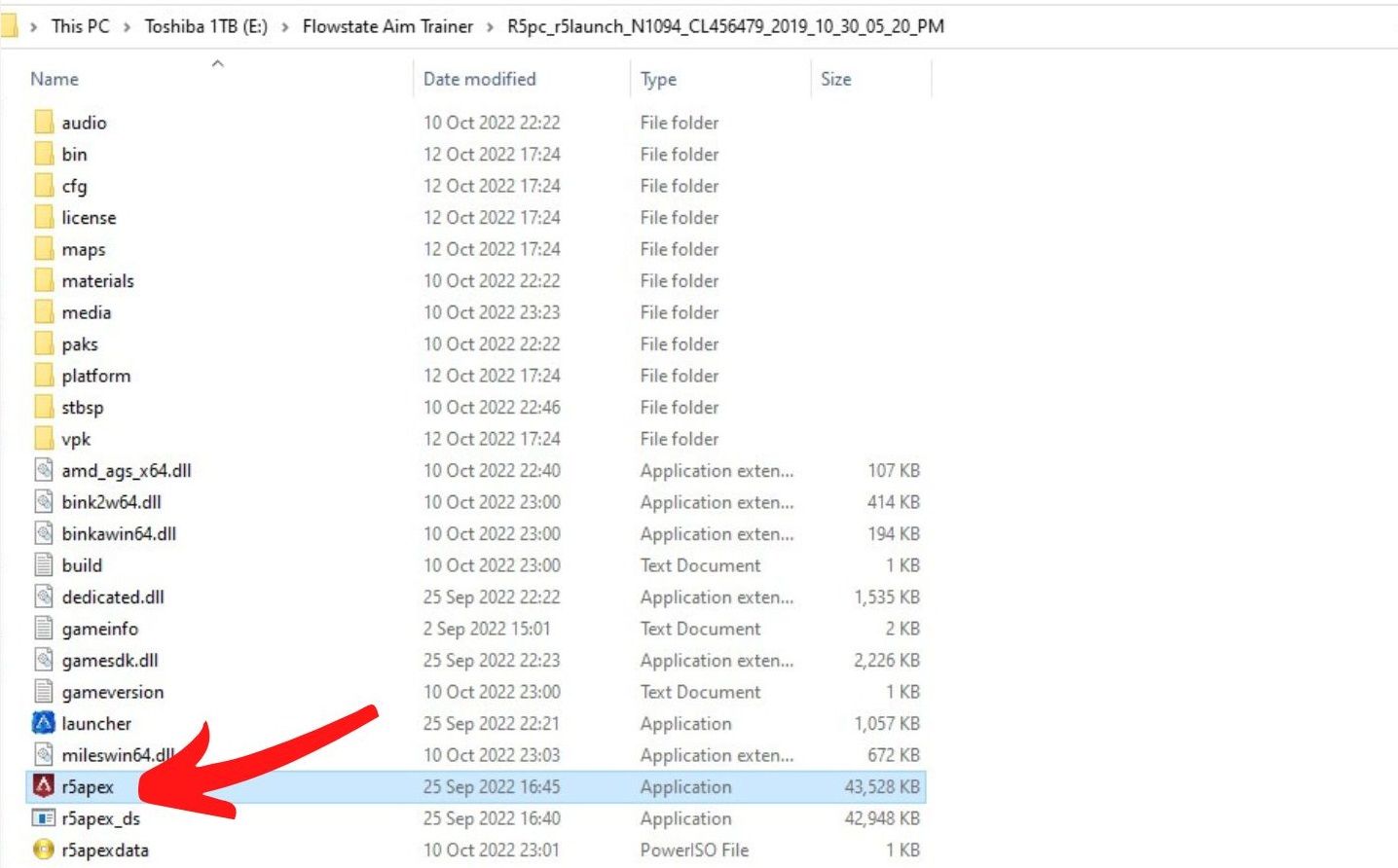 Выделенный файл r5apex.exe в папке установки
