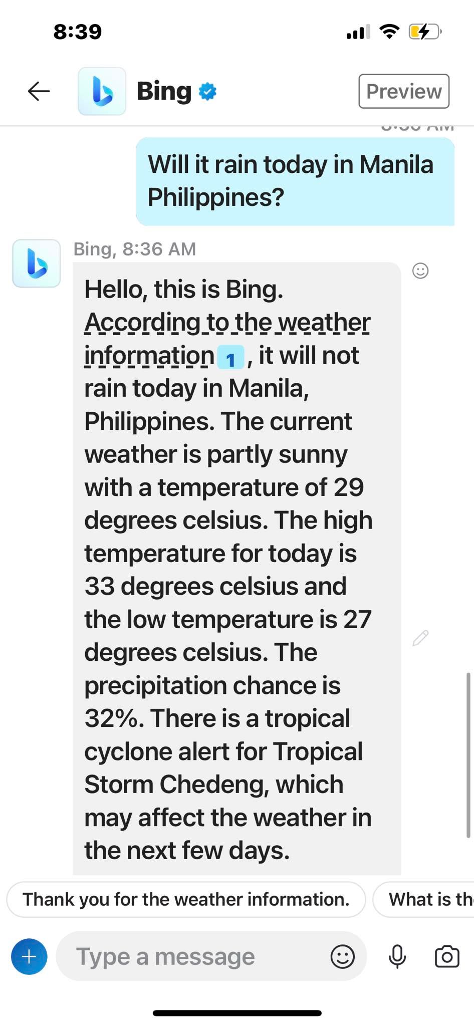 Asking Bing Chat on Skype to Pull Real-Time Weather Forecast