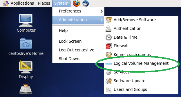 Скриншот: пункт меню Logical Volume Management в CentOS