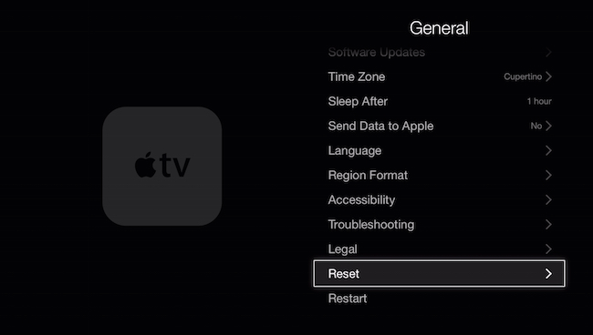 Опция Сброс на старой модели Apple TV