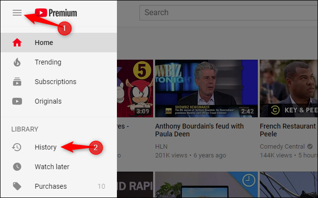 Скриншот: пункт меню «История» в боковой панели YouTube
