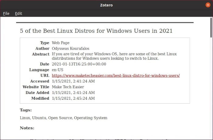 Отчёты по элементам в Zotero