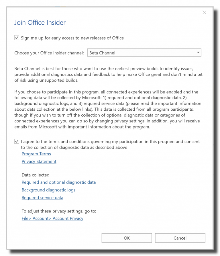 Выбор канала Insider и согласие с условиями
