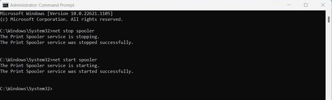 Окно командной строки с командами для перезапуска службы