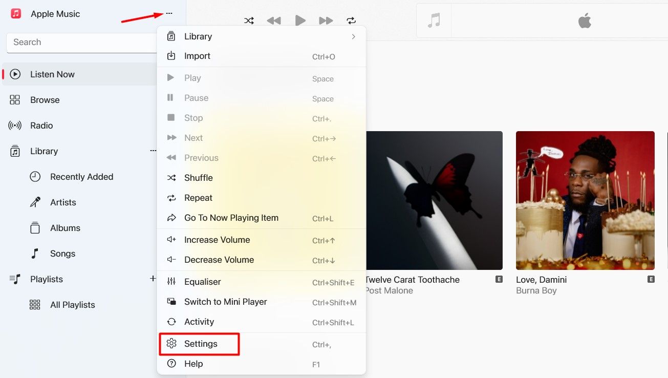 Пункт «Настройки» в приложении Apple Music на Windows.
