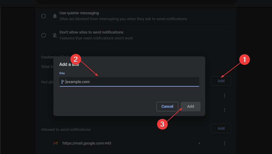 Кнопка добавления сайта в список блокировки уведомлений