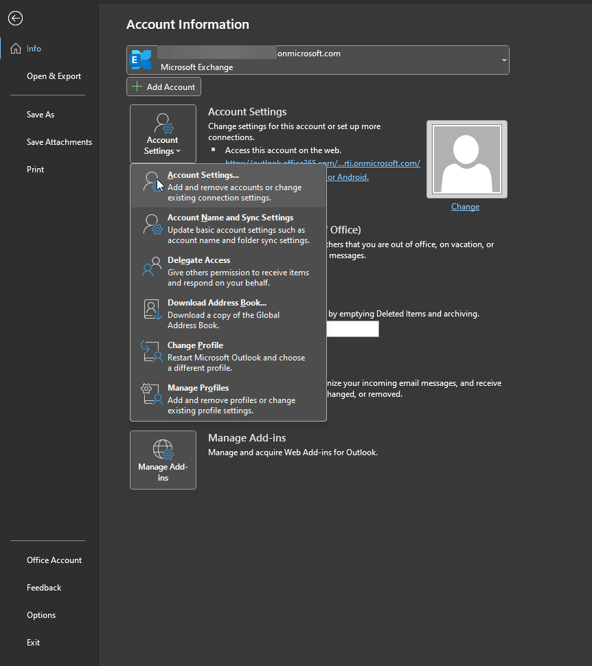 Окно «Параметры учётной записи» в Outlook