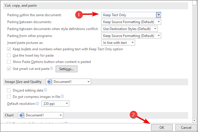 Параметры вставки: 'Сохранить только текст'