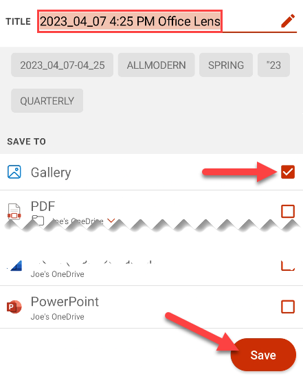 Выбор места сохранения в Microsoft Lens