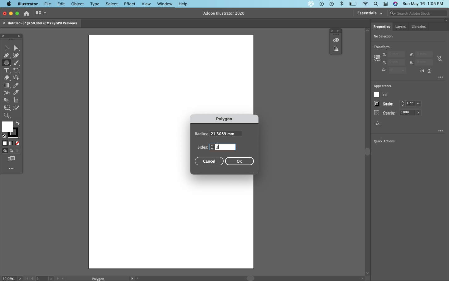 Диалог ввода числа сторон в инструменте многоугольника