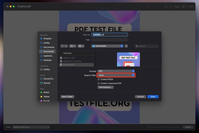 Выбор фильтра Reduce File Size в ColorSync Utility