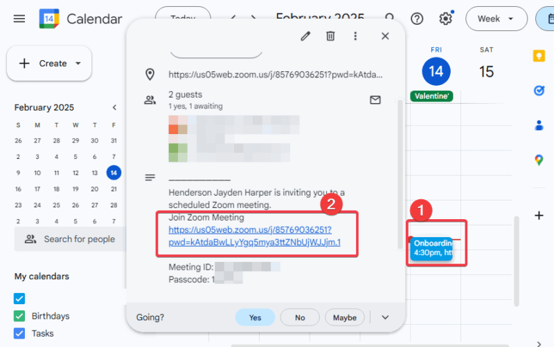 Ссылка для присоединения к встрече в Zoom в календаре