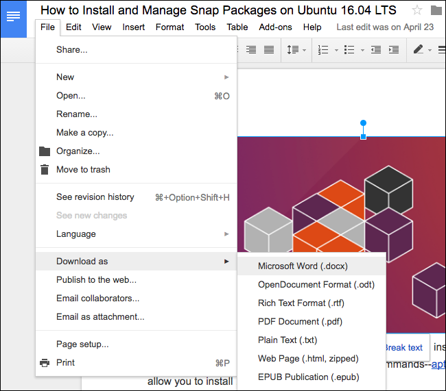 Экспорт документа из редактора Google Docs