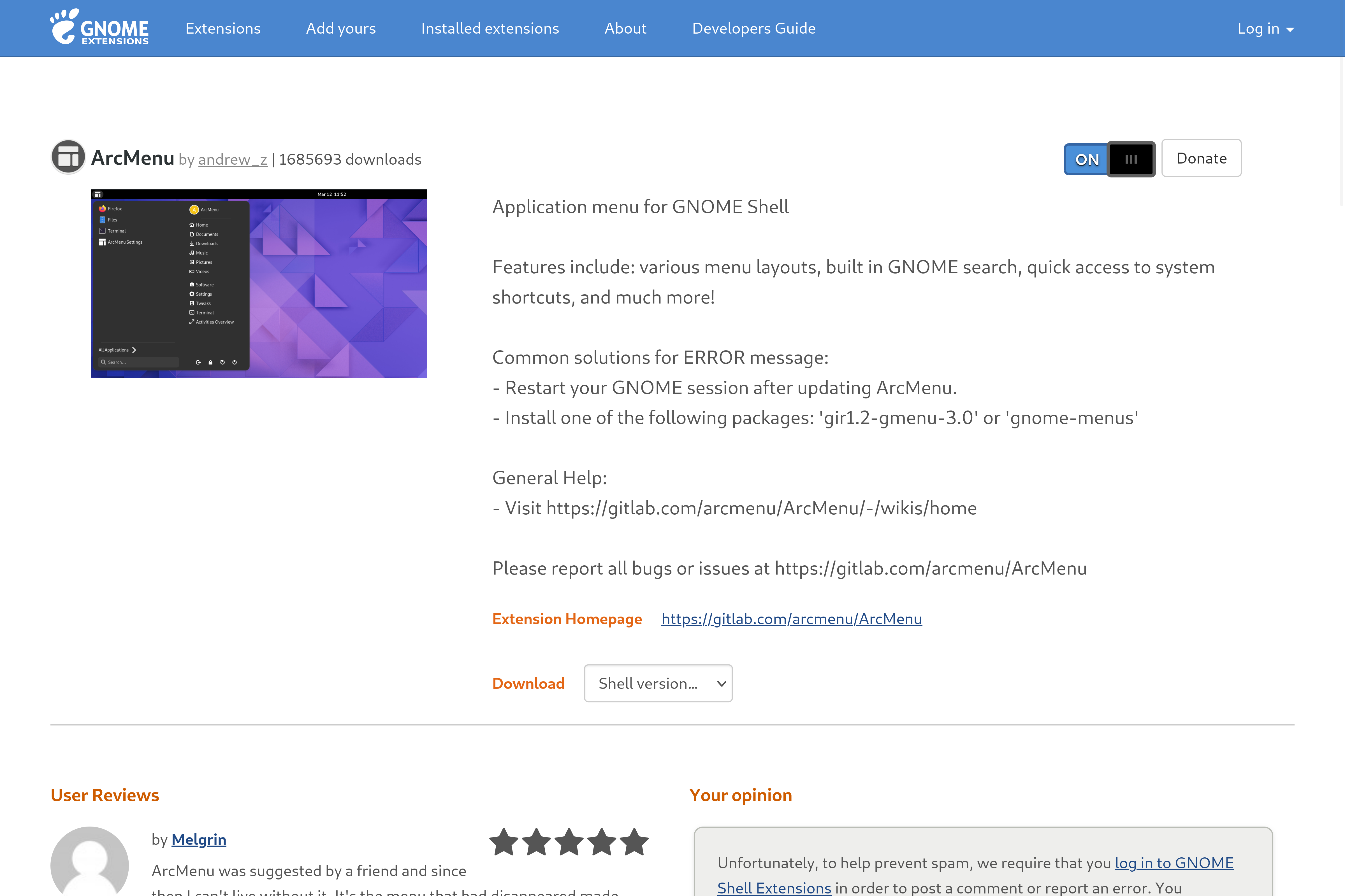 Установка ArcMenu.