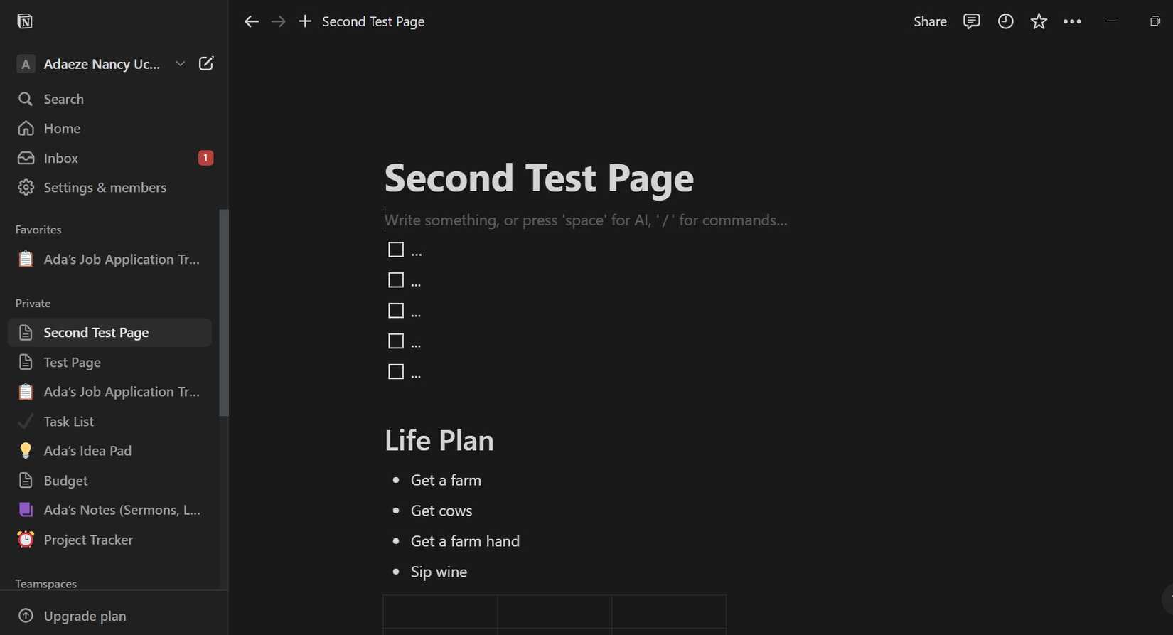 Скриншот страницы с заголовком Second Test Page в Notion на рабочем столе.