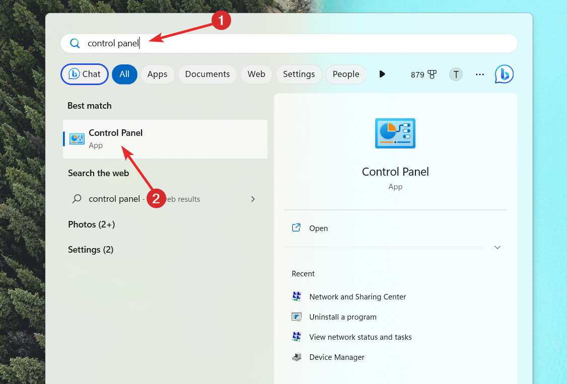 Поиск 'Панель управления' в меню Пуск Windows