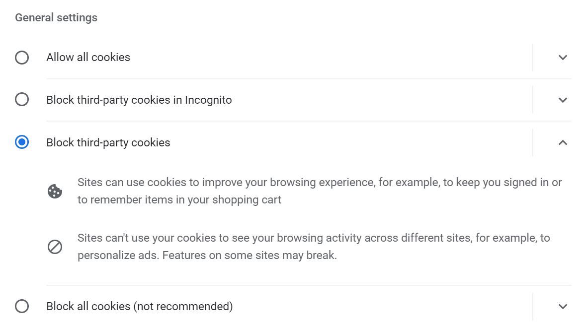 Настройки cookie в Chrome — общий экран с опциями