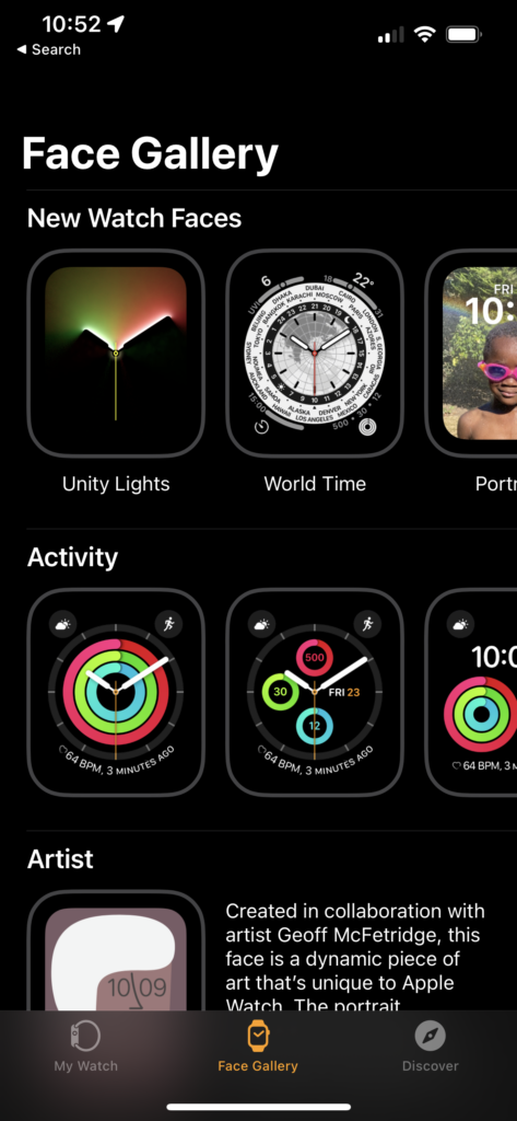Экран приложения Watch: Галерея циферблатов