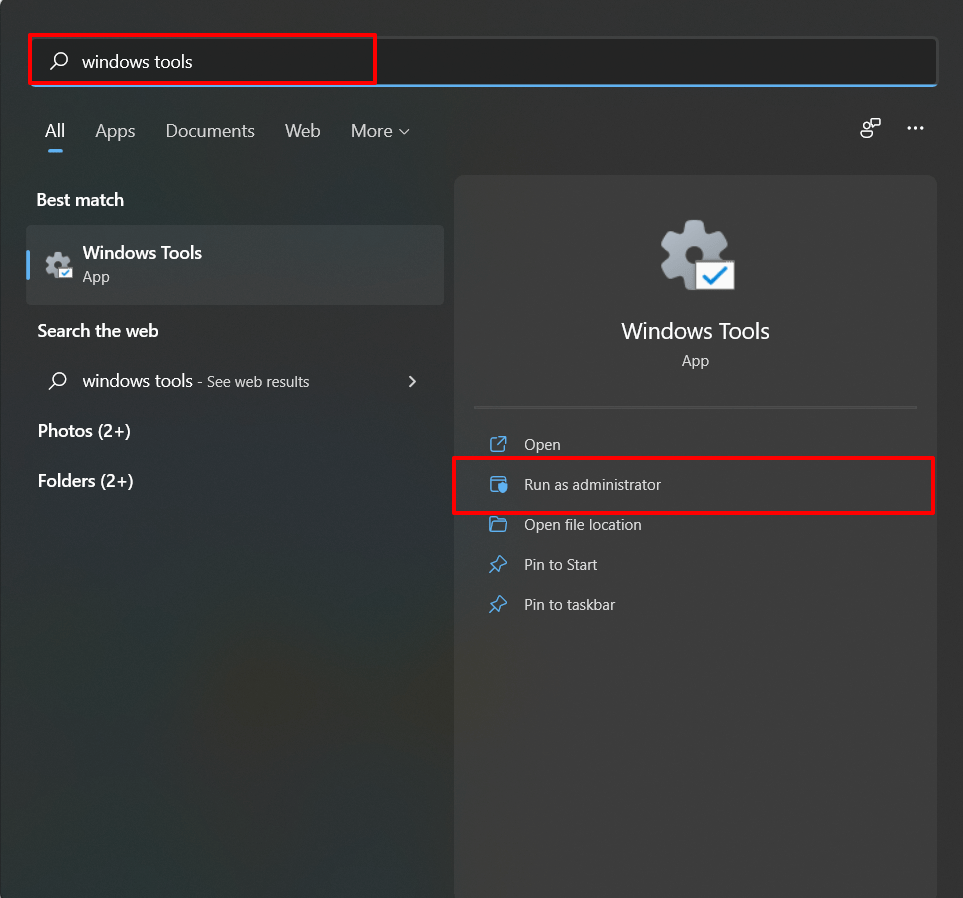 시작 메뉴에서 Windows 도구 실행 화면