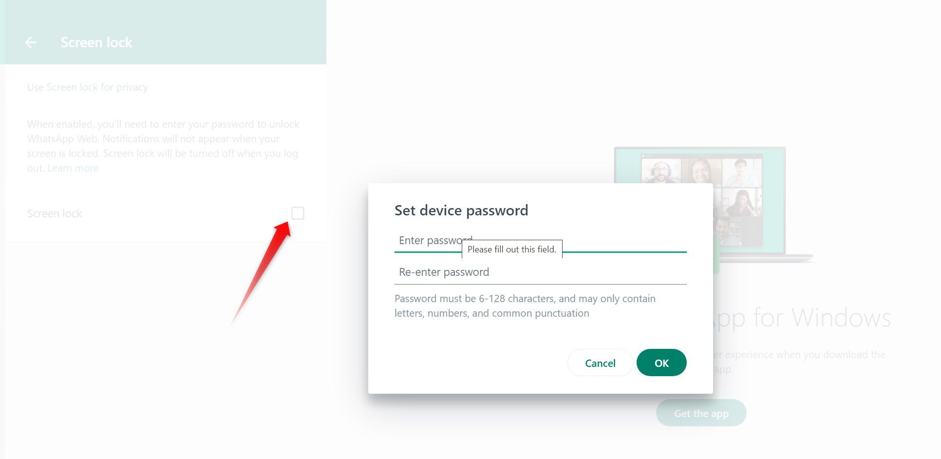 Entering a password to screen lock WhatsApp Web.