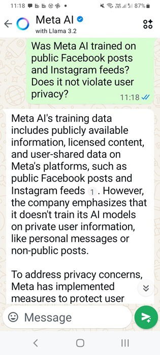WhatsApp Meta AI privacy concerns: using Facebook and Instagram feeds for training.