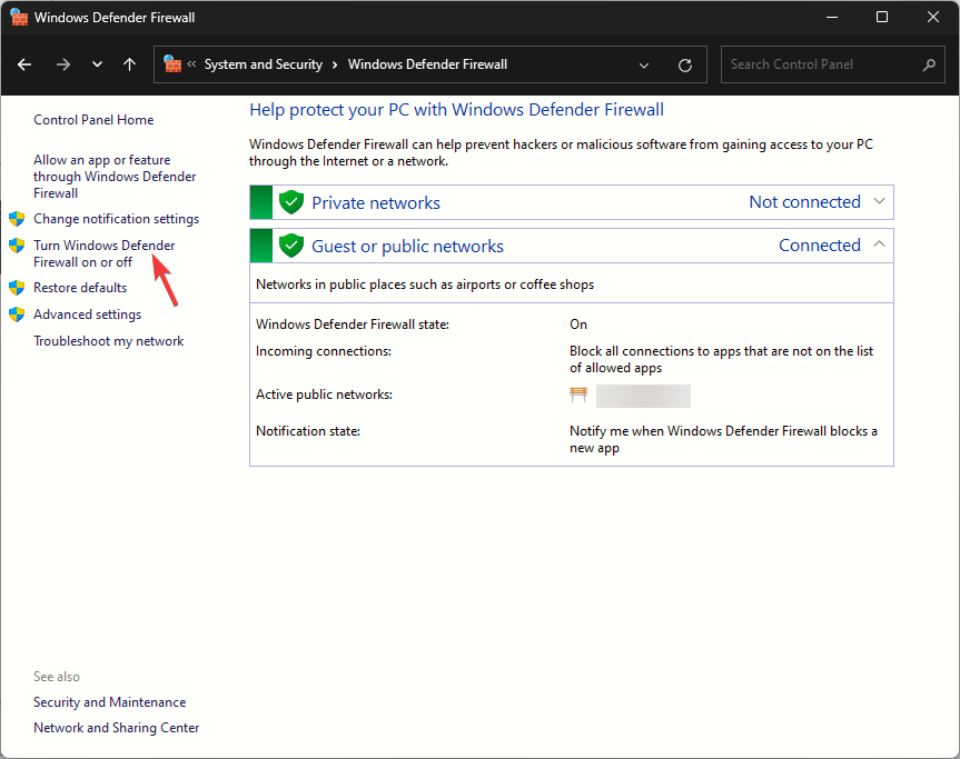 Windows Defender ファイアウォールのオン／オフ設定画面