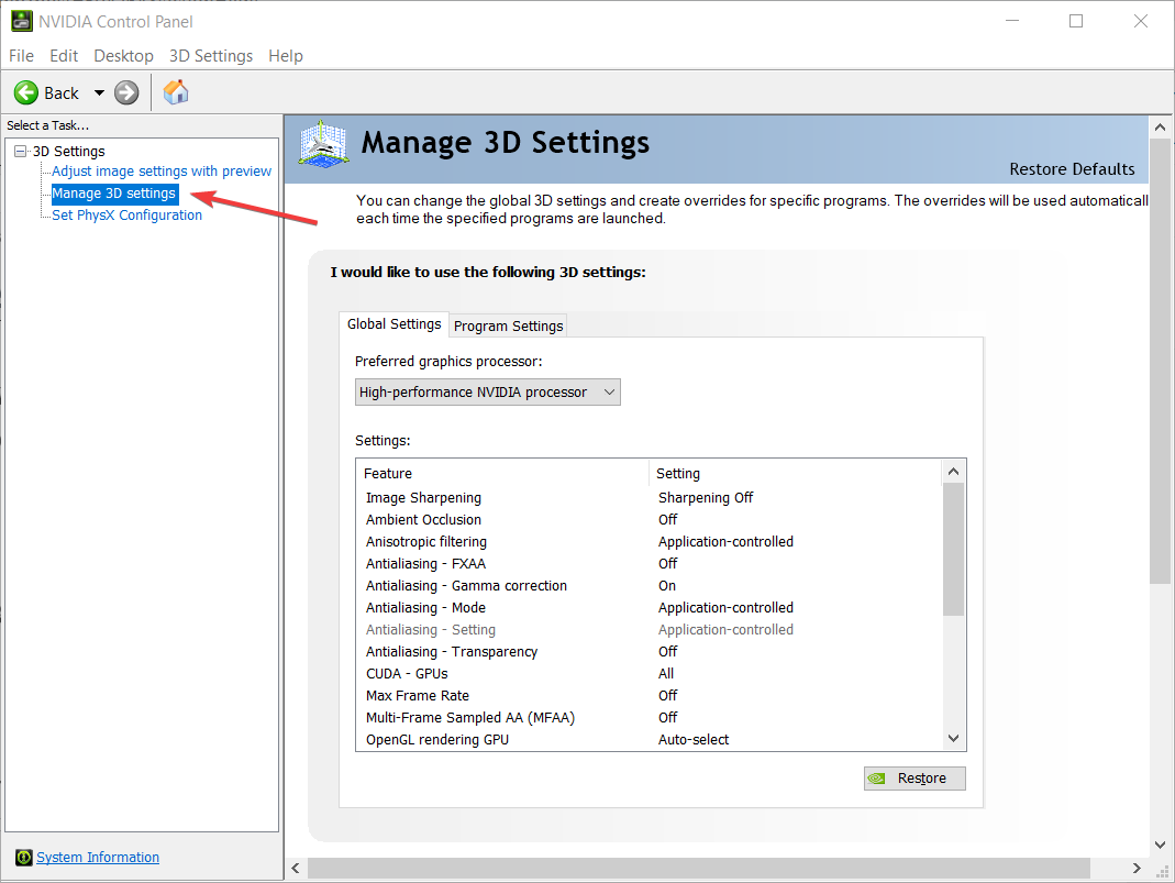 Панель NVIDIA — Управление 3D