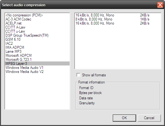 Выбор MP3 для аудио в VirtualDub