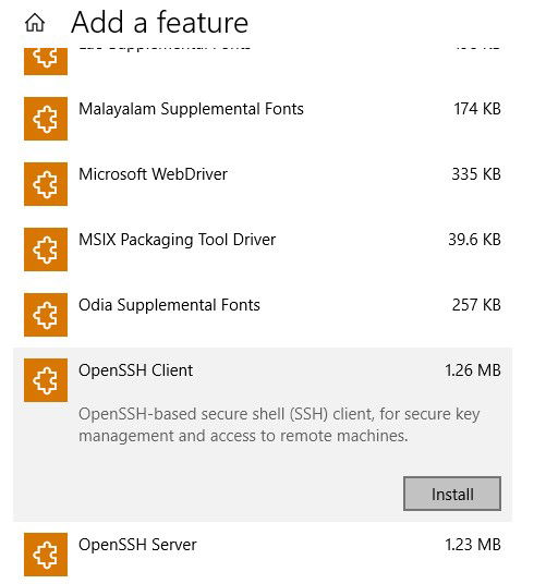 Установка компонента OpenSSH Client в Windows