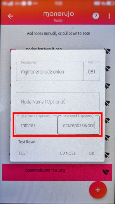 Изображение: ввод .onion адреса и данных авторизации для узла Monero в Monerujo