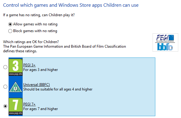 Ограничения Windows Store и игр — выбор возрастного рейтинга