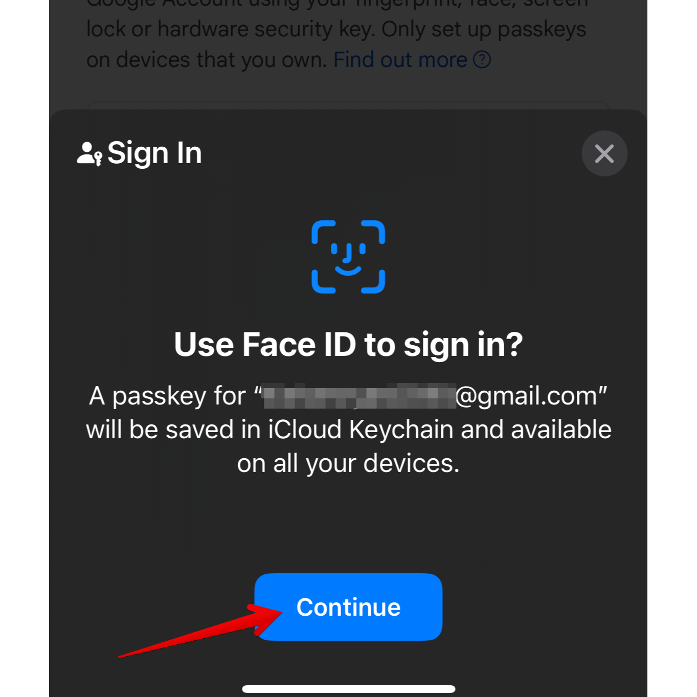 Подтверждение сохранения passkey в Связку ключей iCloud с подсказкой «Продолжить».