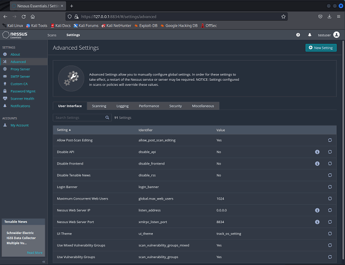 Страница настроек Nessus