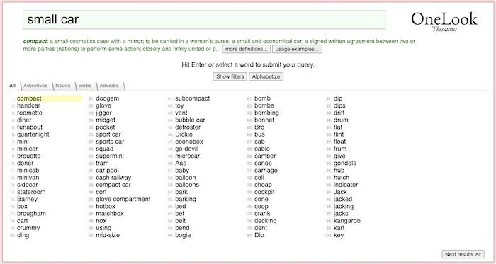Результаты похожих слов: «small car» и варианты типа compact и minicab
