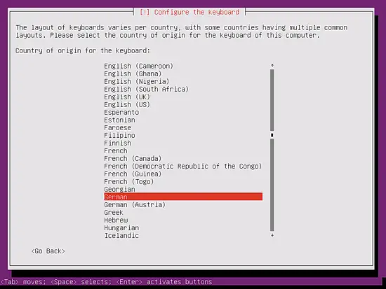 Выбор страны для раскладки клавиатуры (пример: Germany)