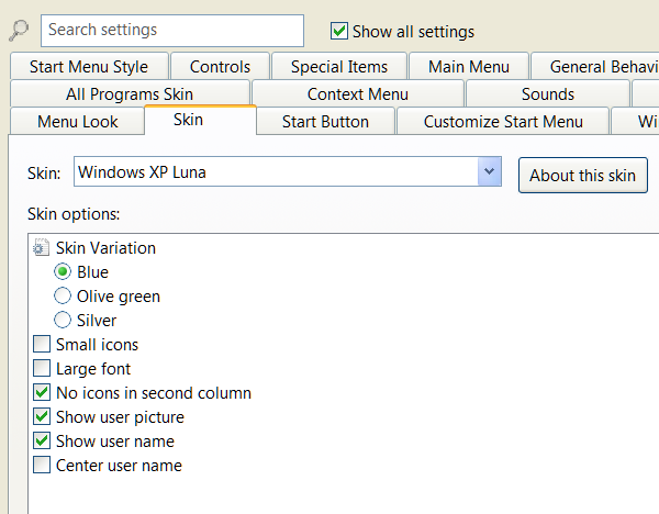 Варианты скинов Classic Shell и выбор скина Windows XP Luna
