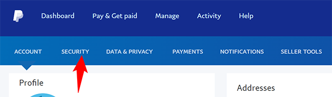 Вкладка Безопасность на странице настроек PayPal.