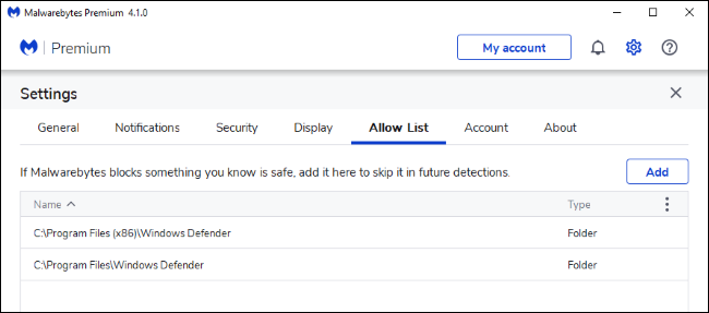 Добавление исключений для Windows Defender в Allow List Malwarebytes.