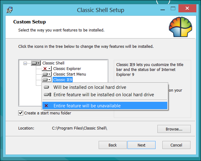 Окно установки Classic Shell с опциями Classic Explorer и Classic IE9