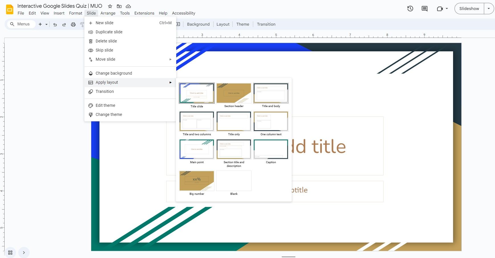 Изменение макета слайда в Google Slides