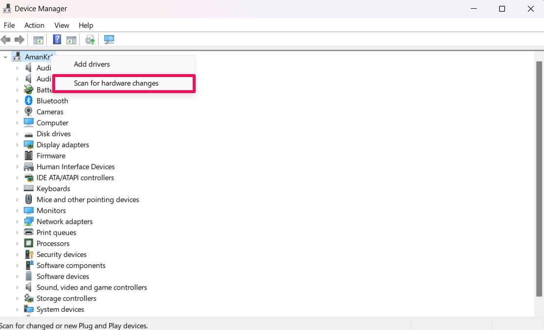 Выбор «Сканировать на предмет изменения конфигурации оборудования» в Диспетчере устройств