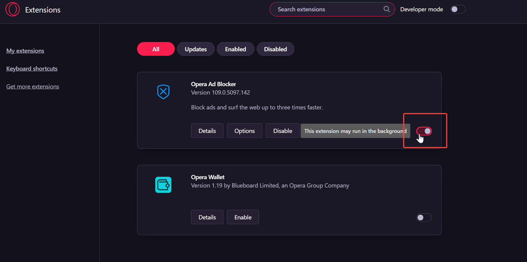 Отключение расширений в Opera GX