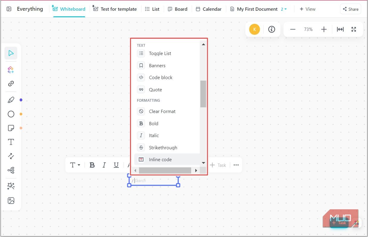 Меню команд через слэш в ClickUp Whiteboard