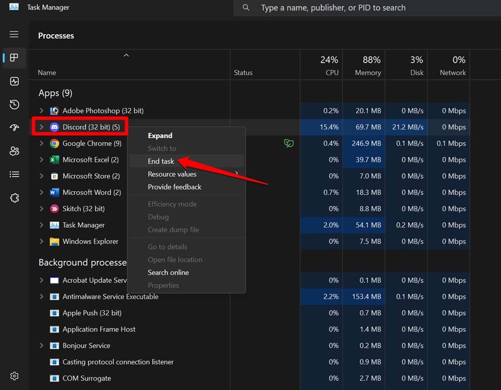 Cerrar Discord desde Administrador de tareas