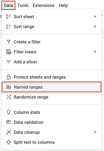 Пункт меню — Named Ranges (именованные диапазоны) в Google Sheets