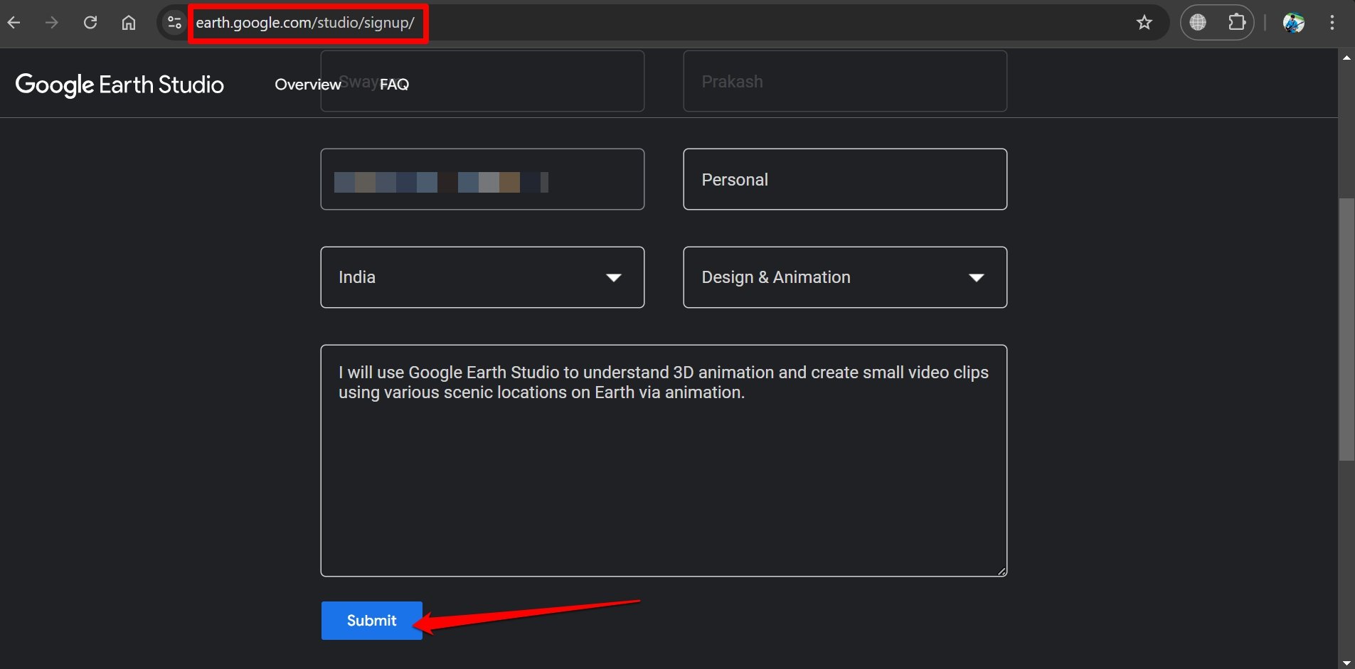 Форма заявки на доступ к Google Earth Studio