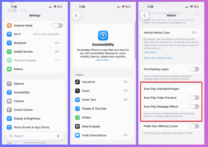 Options pour désactiver effets automatiques et images animées dans Messages