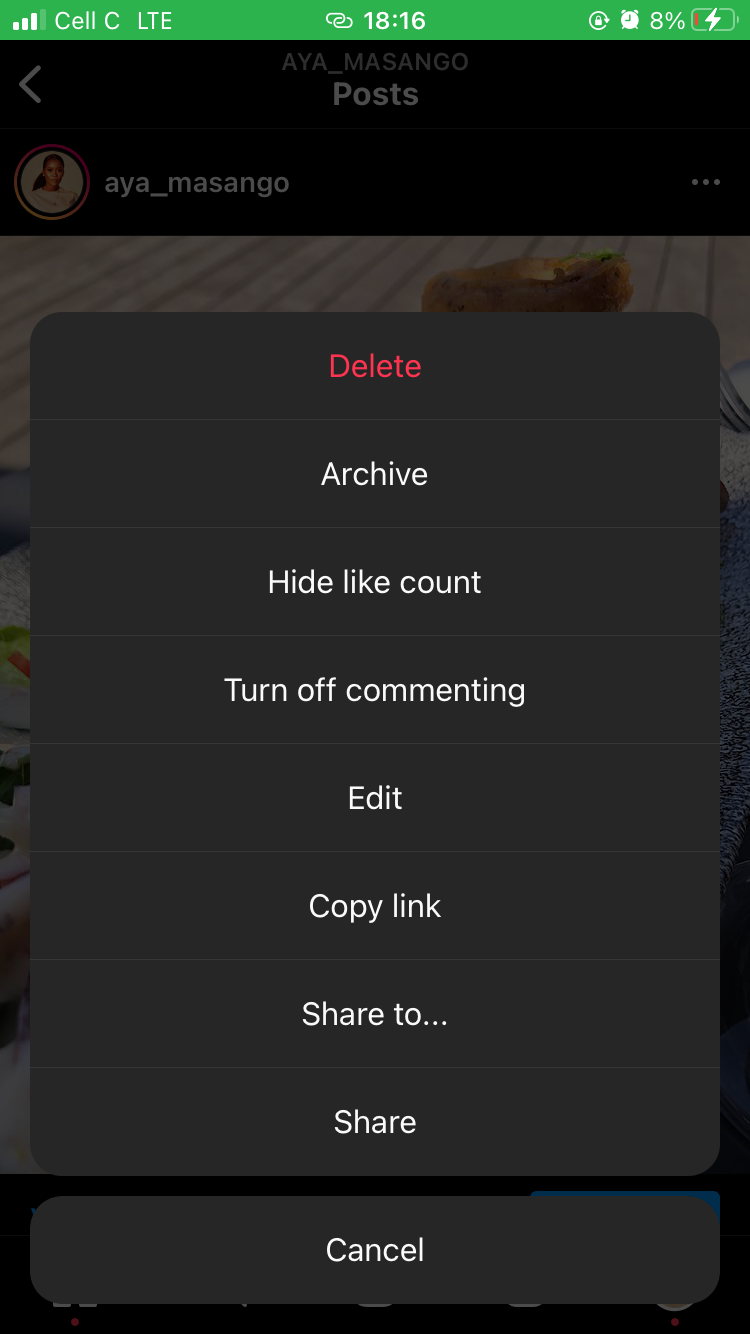 Скриншот: меню Архив в Instagram